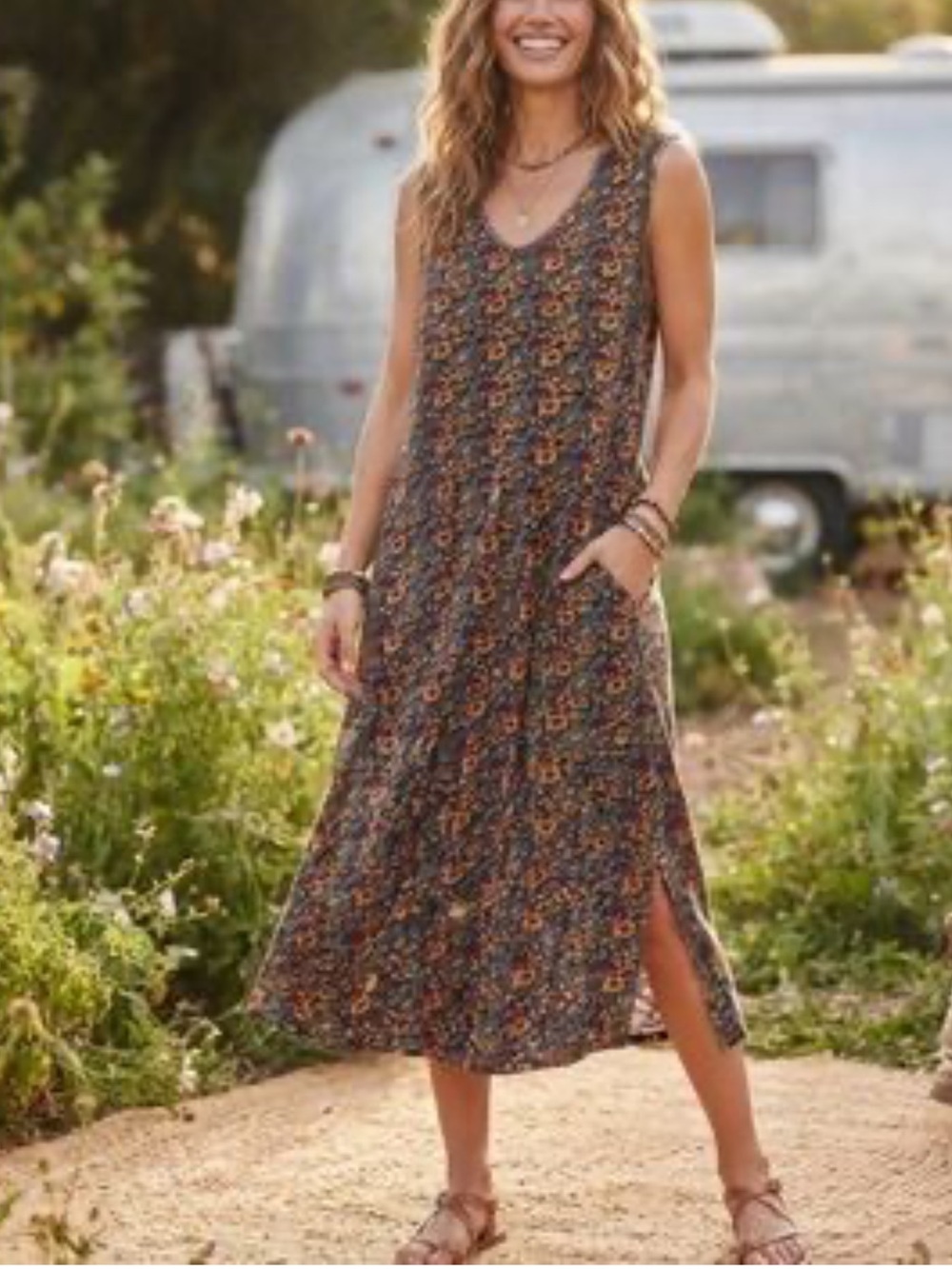 Natural Life Hangout Cotton Midi Dress Dark Floral Sleeveless Lightweight -M
